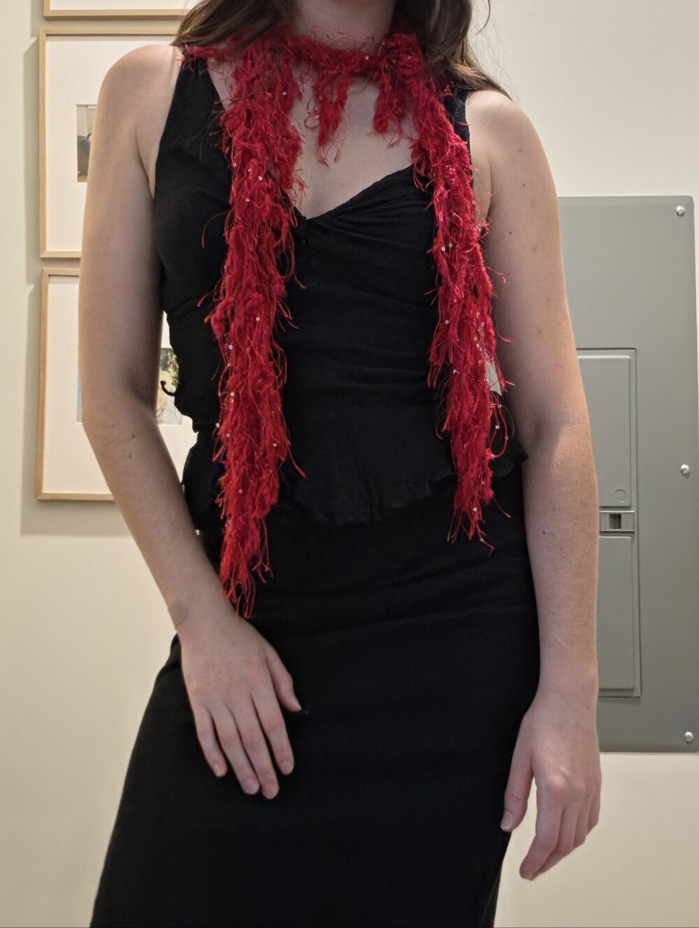 Vintage Red Eyelash Yarn Sequin Scarf – Y2K Glam Feathered Fuzzy Knit
